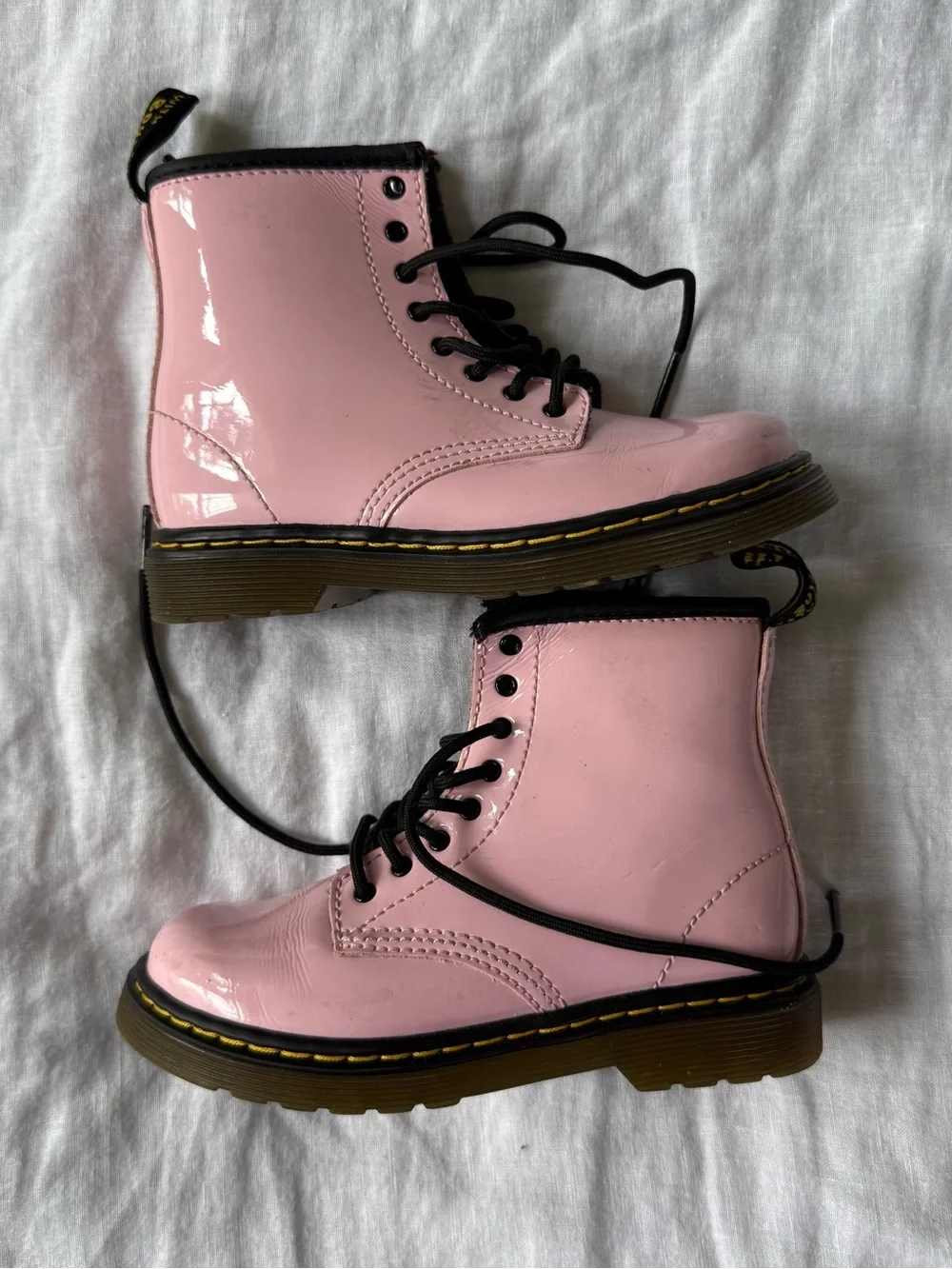 Dr. Martens Pink Patent Lace-Up Boots with Black Trim 1460 Sz 10 Girls